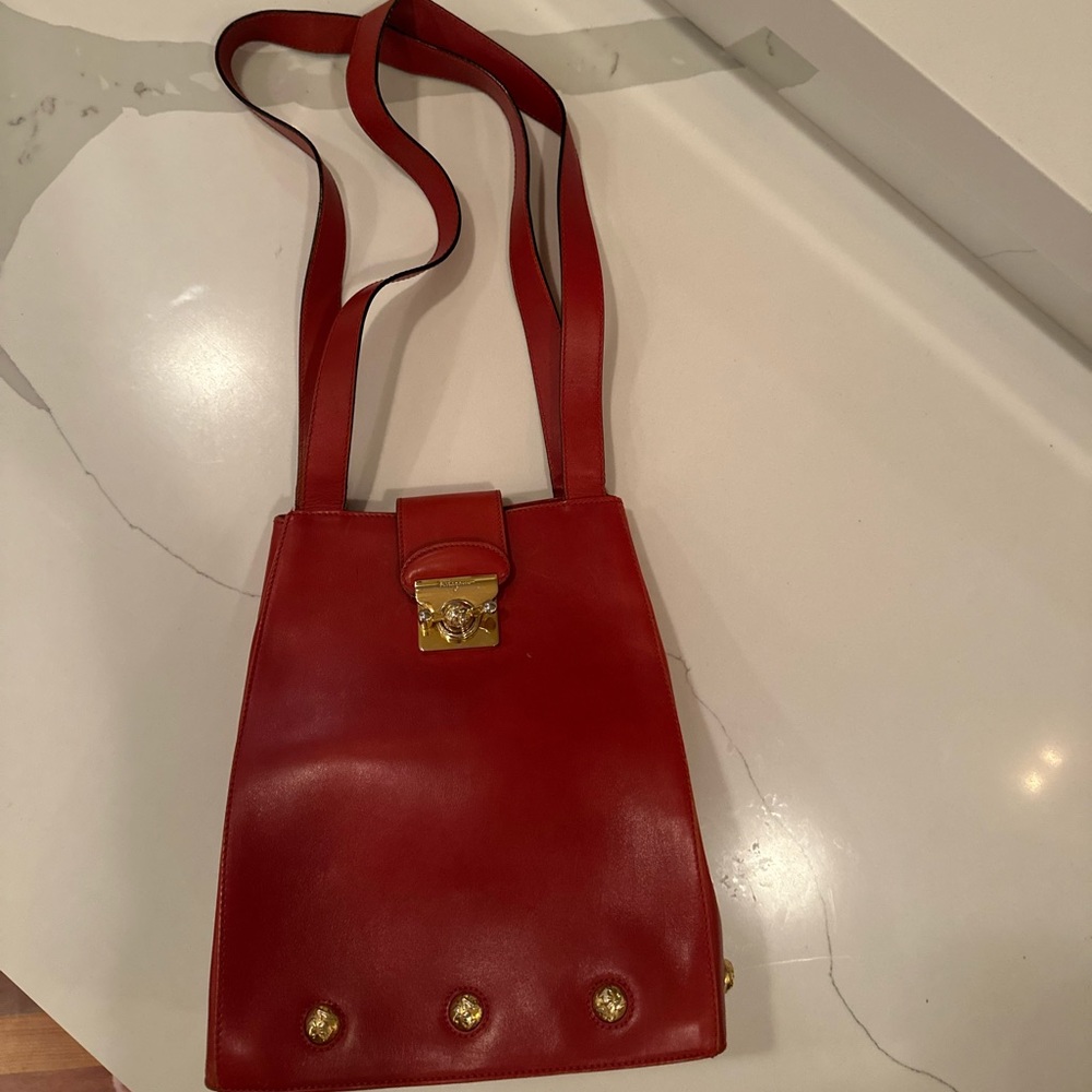 AUTH Authentic Salvatore Ferragamo Leather Handbag Shoulder Bag Tote Red
